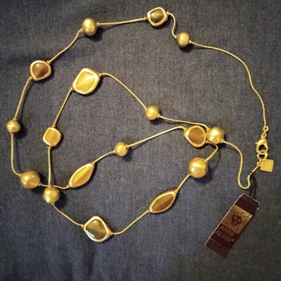 Anne Klein Jewelry - vintage ANNE KLEIN brushed matte gold scatter station necklace tiger-eye enamel